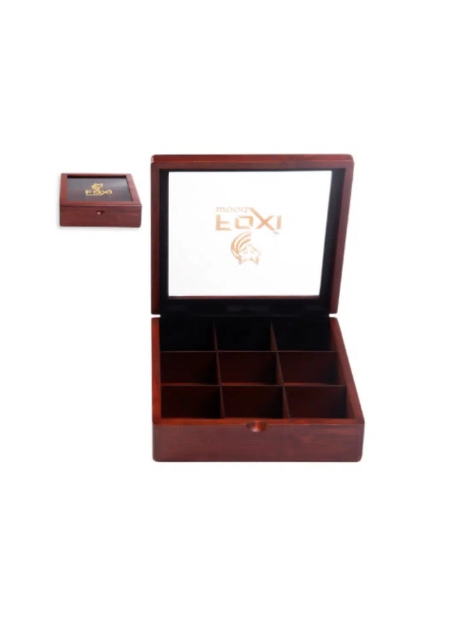 فوكسود علبة شاي خشبية فاخرة من فوكسي وود – 9 فتحات – بني محمر - Image 1